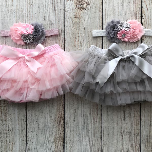 Twin Baby Girl Tutu Bloomers, order 2 for twins, Headband in pink and gray - Cake Smash Set - Baby Shower Gift - Diaper Cover