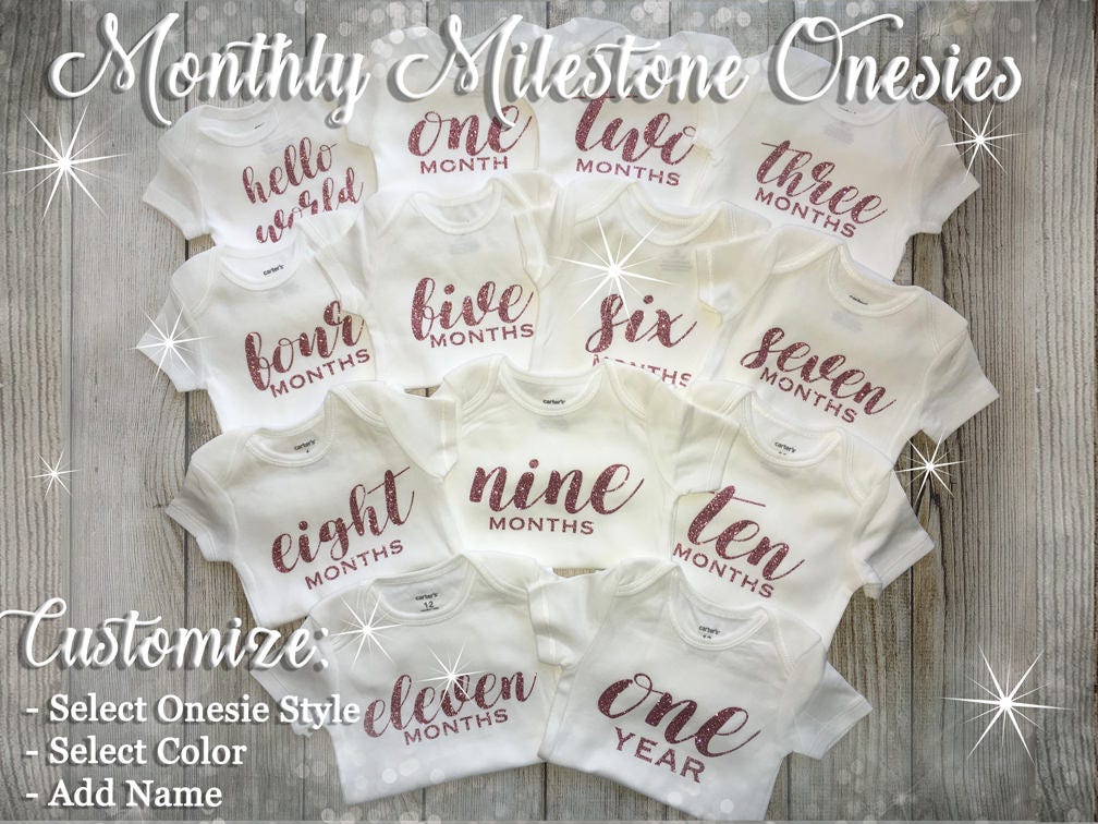 Milestone Onesies in Glitter - Premium Baby Shower Gift - Monthly Milestone Onesies