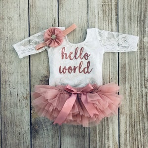 Baby Girl Coming Home Outfit Newborn outfit Hello World Outfit in Rose Gold Lace bodysuit Vintage Pink Newborn Photos Preemie Baby image 2