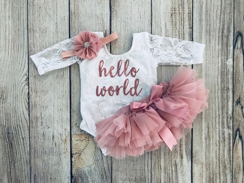 Baby Girl Coming Home Outfit Newborn outfit Hello World Outfit in Rose Gold Lace bodysuit Vintage Pink Newborn Photos Preemie Baby Lace+Tutu+Hb#1