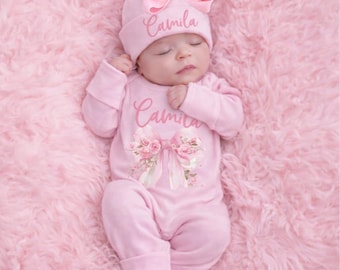 Personalized Baby Girl Coming Home Outfit: Pink Romper and Hat