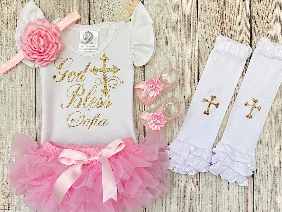 Christening Outfit Baby Girl Baptism Outfit in Gold and Pink Baby