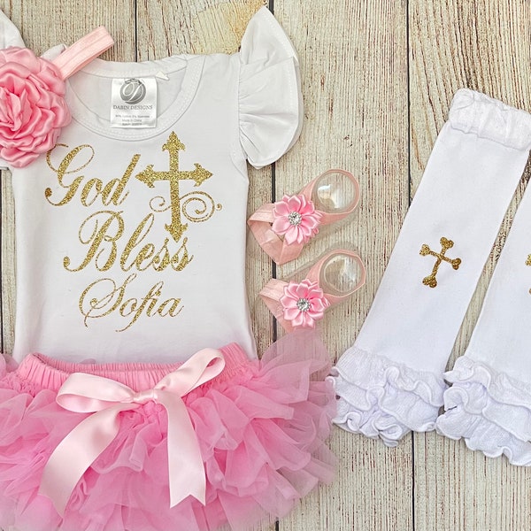 Christening Outfit - Baby Girl Baptism Outfit in Gold and Pink -  Baby Dedication Outfit - God Bless Outfit - After Party