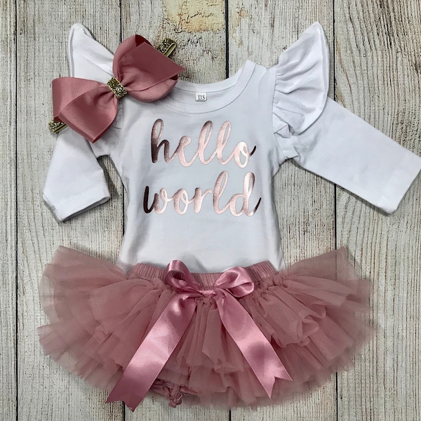 Baby Girl Coming Home Outfit - Hello World Outfit in Rose Gold/Dusty Pink - Vintage Pink - Baby Shower Gift - Tutu Bloomers - Newborn Photos