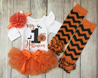 Baby Girl My 1st Halloween Outfit - My First Halloween - Halloween Tutu & Pumpkin Headband