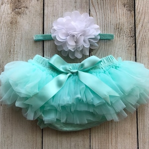 Baby Girl Ruffle Tutu Bloomer & Headband Set in Aqua and White - Newborn Photos - Cake Smash Set - Baby Shower Gift - Diaper Cover