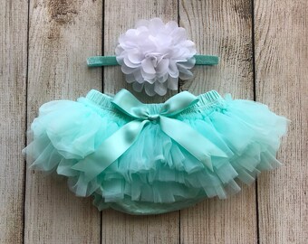 Baby Girl Ruffle Tutu Bloomer & Headband Set in Aqua and White - Newborn Photos - Cake Smash Set - Baby Shower Gift - Diaper Cover