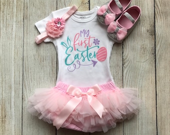 Mi primer atuendo de Pascua: Conjunto de tutú y pantalones bombachos para niña con zapatos brillantes