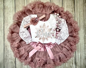 Winter Onederland First Birthday Outfit in Rose Gold & Silver with Dusty Pink - Snowflake 1st Birthday Outfit - Cake Smash - Birthday Photos