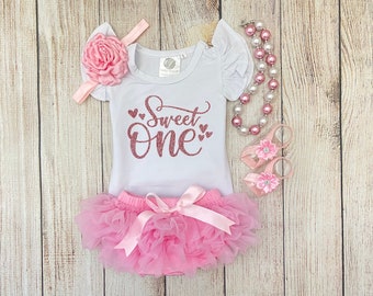 Sweet One First Birthday Outfit in Candy Pink - Baby Girl Birthday Outfit with Tutu Bloomers- Cake Smash - Glitter Heart
