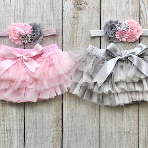 Twin Baby Girl Tutu Bloomers, order 2 for twins, Headband in pink and gray - Cake Smash Set - Baby Shower Gift - Diaper Cover