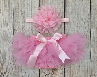 Baby Girl Tutu Bloomer & Headband Set in Pink - Newborn Photos - Cake Smash Set - Baby Shower Gift - Diaper Cover