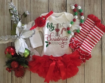 2023 Baby Girl Christmas Outfit - My First Christmas - Red & Silver - Baby Girl Christmas - Baby’s 1st Christmas - Christmas Photos