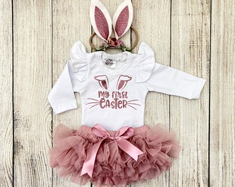 Baby Girl's First Easter Outfit: Rose Gold Bunny, Pink Tutu