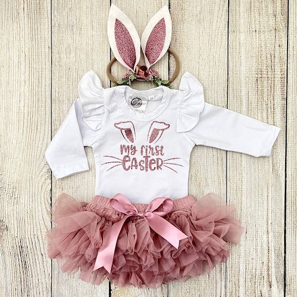 My First Easter Outfit - Baby Girl Bunny Outfit in Rose Gold and Dusty Pink / Mauve - Easter Photos - Flutter sleeves