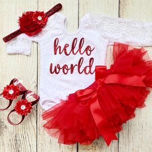 Baby Girl Lace Coming Home Outfit - Hello World Outfit in Red - Baby take home outfit - Newborn Photos - Preemie Baby