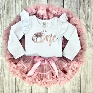 Pumpkin First Birthday Outfit 1st Birthday Outfit in Rose Gold and Dusty Pink Pumpkin Cake Smash Fall Birthday Photos image 2