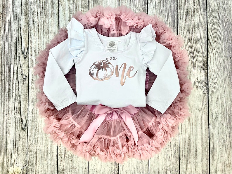 Pumpkin First Birthday Outfit 1st Birthday Outfit in Rose Gold and Dusty Pink Pumpkin Cake Smash Fall Birthday Photos image 2