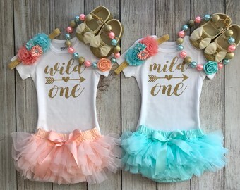 Twin Wild One Mild One 1st Birthday Outfits in Aqua/Mint and Peach - Cake Smash - First Birthday Photos