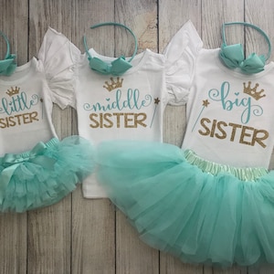 Little Sister Middle Sister Big Sister Outfits - Matching Sister Outfits - Big Sister Little Sister Outfits in Aqua & Gold - Sibling Outfits