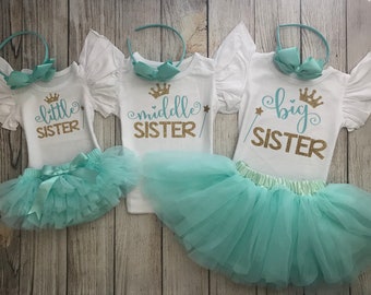 Little Sister Middle Sister Big Sister Outfits - Matching Sister Outfits - Big Sister Little Sister Outfits in Aqua & Gold - Sibling Outfits