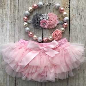 Baby Girl Cake Smash Set in Light Pink & Gray -Tutu Bloomers, Headband and Bubblegum Necklace - Cake Smash - Baby Shower Gift - Diaper Cover