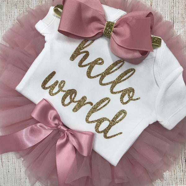 Baby Girl Coming Home Outfit - Hello World Outfit in Gold and Dusty Pink - Vintage Pink - Baby Shower Gift - Tutu Bloomers - Newborn Photos