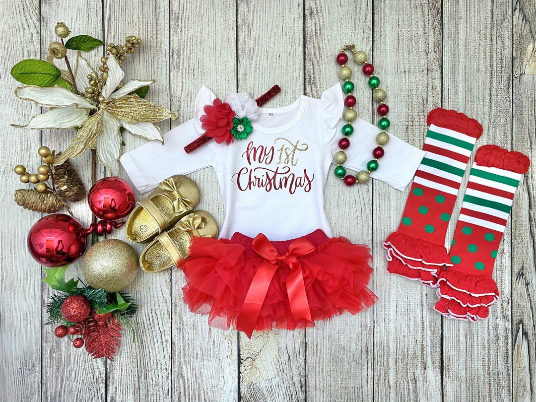 Baby Girl First Christmas Outfit My First Christmas Red Gold Baby  Girl Christmas Outfit Baby’s 1st Christmas Christmas Photos New 