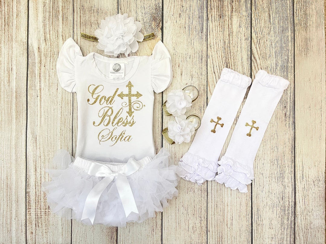 Christening Outfit Baby Girl Baptism Outfit in Gold and White Baby