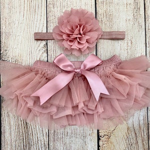 Vintage Pink Baby Girl Ruffle Tutu Bloomer & Headband - Rose Gold / Dusty Pink Tutu - Newborn Photos - Cake Smash - Baby Shower Gift