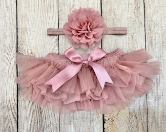 Vintage Pink Baby Girl Ruffle Tutu Bloomer & Headband - Rose Gold / Dusty Pink Tutu - Newborn Photos - Cake Smash - Baby Shower Gift