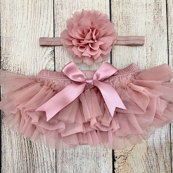 Vintage Pink Baby Girl Ruffle Tutu Bloomer & Headband - Rose Gold / Dusty Pink Tutu - Newborn Photos - Cake Smash - Baby Shower Gift