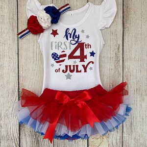 Baby Girl 4th of July Outfit: Bodysuit, Tutu Bloomers, Headband Flutter+Tutu+Hb