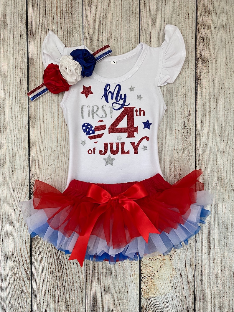 Baby Girl 4th of July Outfit: Bodysuit, Tutu Bloomers, Headband Flutter+Tutu+Hb
