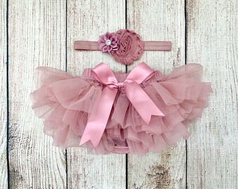Ensemble bloomer tutu et bandeau à volants rose poudré bébé fille