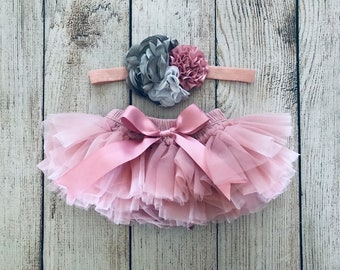 Baby Girl Ruffle Tutu Bloomer - Rose Gold, Dusty Pink and Gray - Newborn Photos - Cake Smash - Baby Shower Gift - Diaper Cover - Premie Baby