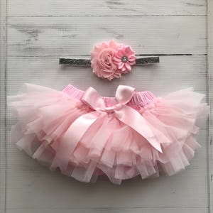 Baby Girl Ruffle Tutu Bloomer and Silver Glitter Headband Set in Light Pink - Newborn Photos - Cake Smash - Diaper Cover - Nappy Cover