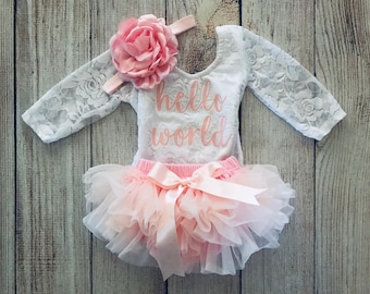 Baby Girl Coming Home Outfit - Hello World Outfit in Light Pink - Lace Bodysuit - Newborn Photos - Preemie Baby