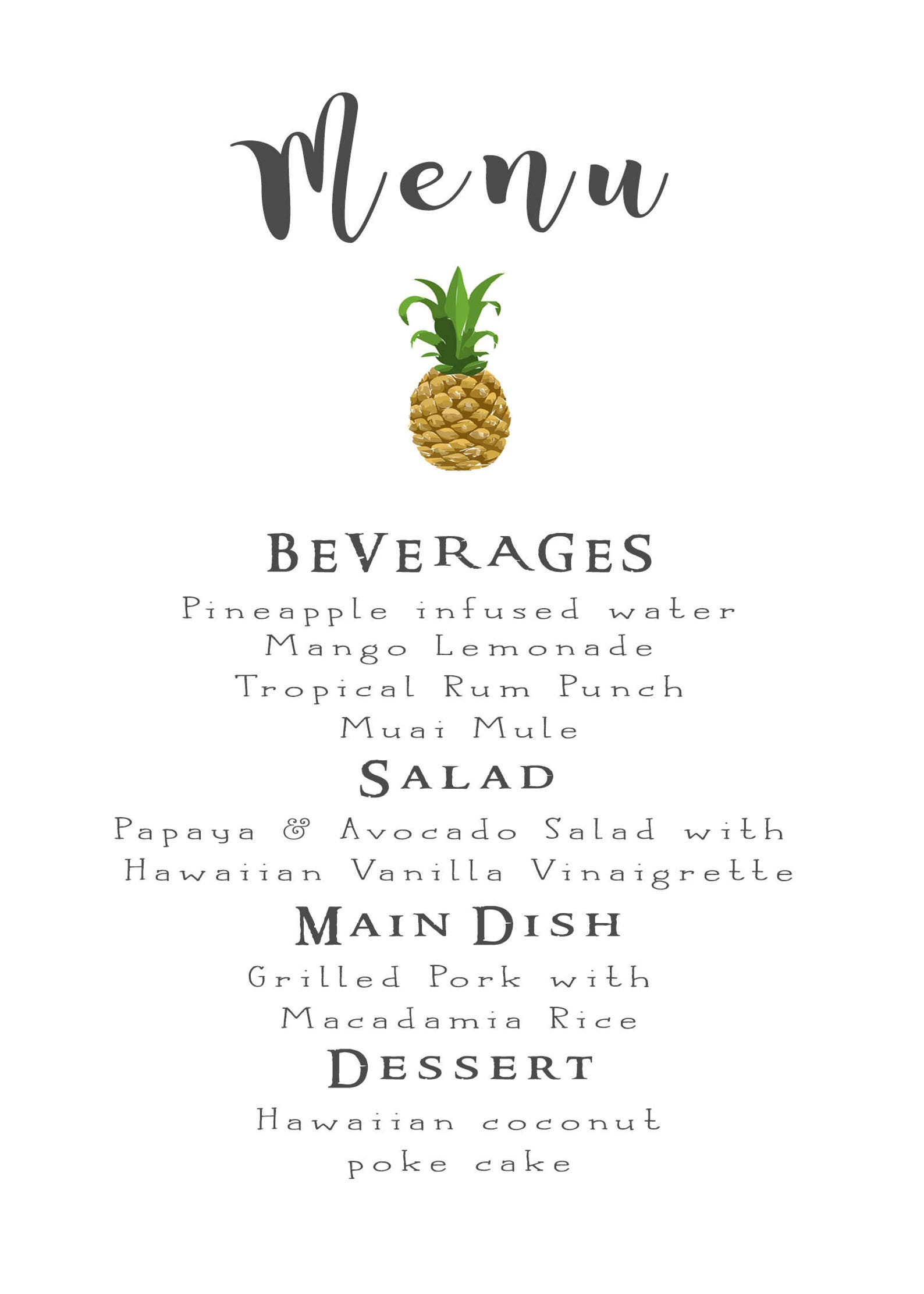 Printable Hawaii Luau theme Customizable Menu Card 4x9 or 5x7  Etsy