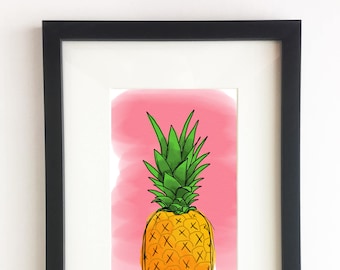 Pineapple Illustration - Wall Art, Home Decor, Tropical , Beach, Boho Art, Frame Me, Pink, Digital Art, Drawing