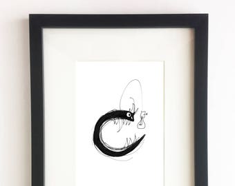 Angler Monster - (Angler Fish, Monster, Creepy, Aquatic, Modern, Black & White, Round, Light Bulb,Wall Art, Home Decor, Frame, Illustration)