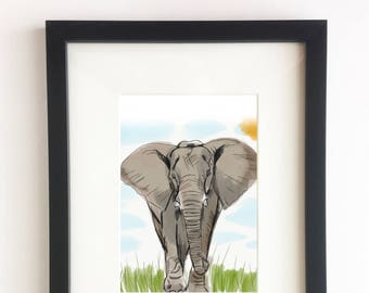 African Elephant - Illustration, Digital Art, Hand Drawn Digital Art, Wall Decor, Decor, Art, Print, Frame, Easy DIY Decor)