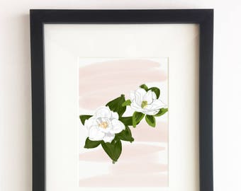 White Magnolias - (Floral Art, Pink, Magnolia, Wall Decor, Room Art, Home Decor, Flowers, Ilustration, Handmade)