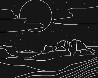 Sedona at Night - Black & White sketch, line art, AZ,  Arizona, cliffs, red rock, scenery, landscape, nature, Digital download print