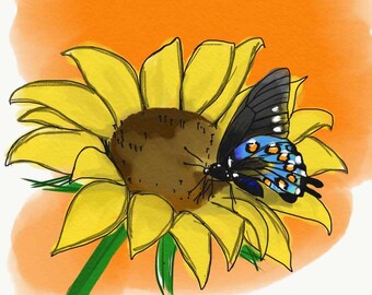 Butterfly on a Sunflower - Illustration, nature, blue butterfly, outdoors, wall art, home decor, phone case art, background art, desktop art