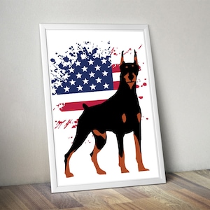 Dobermann Pinscher - Amerikanische Flagge, Hund, Militär, USA, Wandkunst, Illustration, Poster, Merica, Freiheit