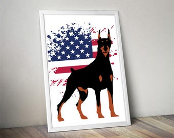 Doberman Pinscher - American Flag, Dog, Military, USA, Wall Art, Illustration, Poster, Merica, Freedom