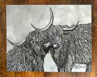 Black And White Scottish Highland Cow Print