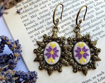 Embroidery earrings, folk embroidery, traditional slavic embroidery, embroidered jewelry, native earrings, bronze earrings, purple earrings