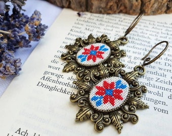 Embroidery earrings, folk embroidery, traditional red blue slavic embroidery, embroidered jewellery, native earrings, bronze dangle earrings